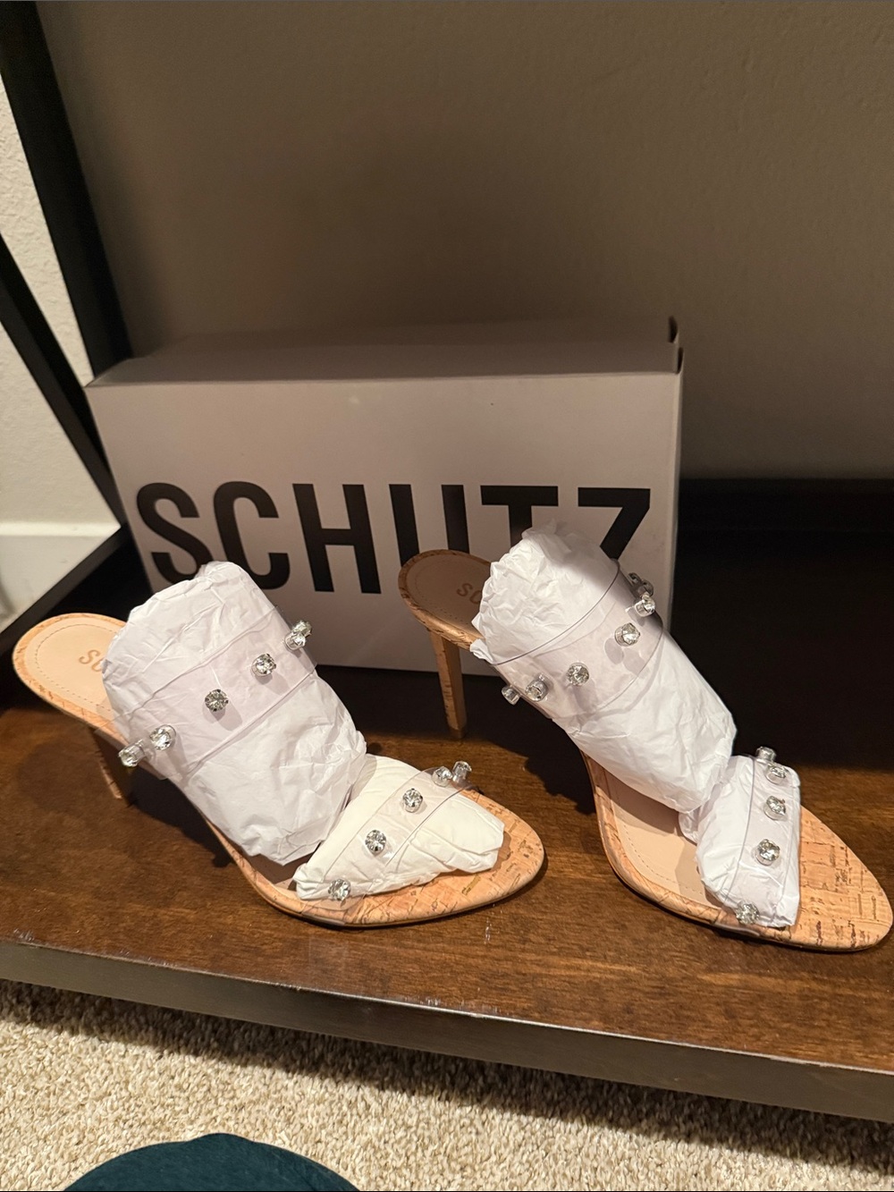 SCHUTZ transparent Jeweled Cork Strap Heels